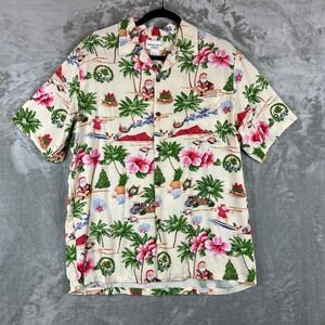 Hawaiian Reserve Collection Button Up Shirt Men's L Ivory w/ Christmas Theme